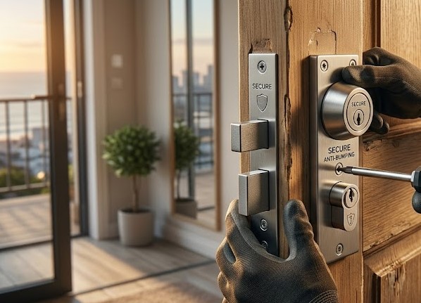 Cerrajero instalando cerrojo de alta seguridad en apartamento turístico