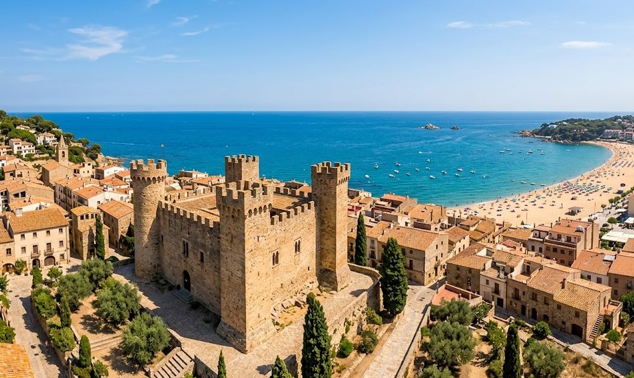 Vista del Castillo de Calonge y la playa de Sant Antoni